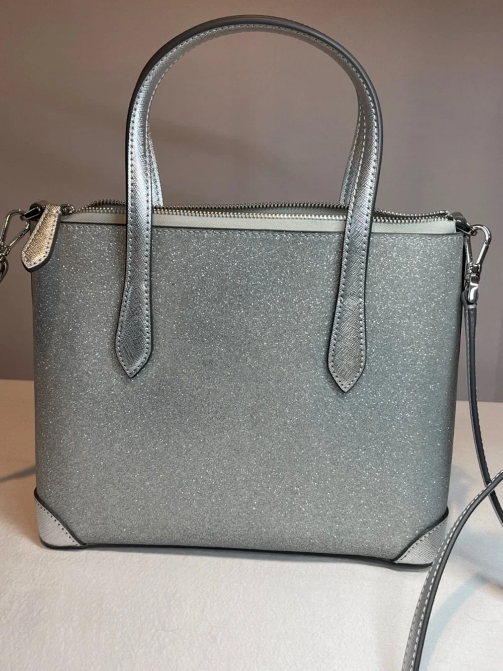 Kate Spade Silver Glitter Tote Crossbody Metallic Sparkle Satchel